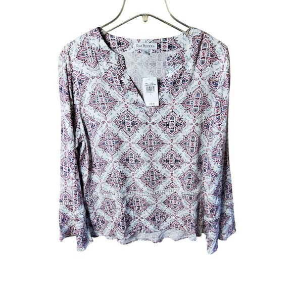 New Kim Rogers Womens Long Flared Sleeve Print Blouse Size Large - Picture 1 of 3